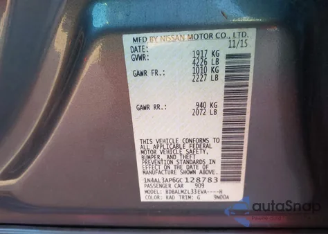 2016 Nissan Altima 2.5 Sv из США, поврежденный, VIN 1N4AL3AP6GC128783